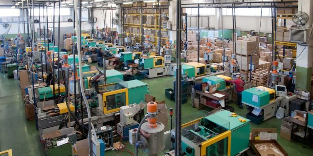 Injection molding machines in a large factory